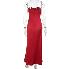 Red Bustier Satin Strapless Dress