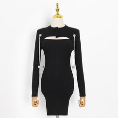 Elegant Pearl-Chain Embellished Knit Midi Dress