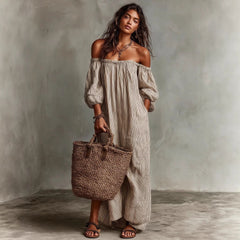 Off-the-Shoulder Printed Maxi Dress with Balloon Sleeves