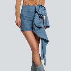 Denim Mini Skirt with Oversized Floral Rosette Detail