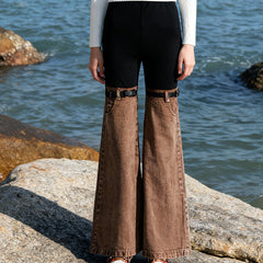 High-Waist Two-Tone Flared Trousers with Belted Thigh Detail