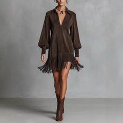 V-Neck Long-Sleeve Mini Dress with Fringe Trim