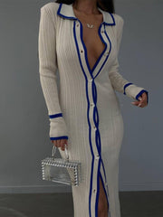 Classic Collared Knit Dress with Blue Wave Detail