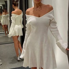 Off-Shoulder Rib Knit Mini Sweater Dress