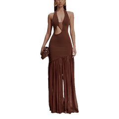 Halter Neck Cut-Out Maxi Dress with Pleated Skirt