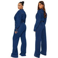 Puff Sleeve Denim Jumpsuit with Belted Waist