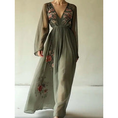 Floral Embroidered V-Neck Maxi Dress with Sheer Sleeves