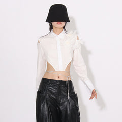 Cut-Out Floral Appliqué Shirt with Waist Tie Detail