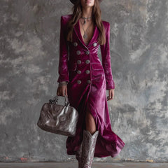 Double-Breasted Velvet Maxi Coat Dress with Silver Hardware