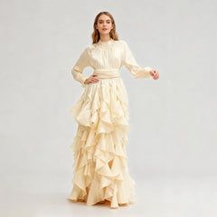 Elegant Ruffled Long Sleeve Gown