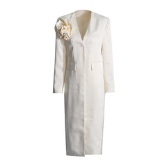 Long Blazer Dress with Oversized Shoulder Flower Accent