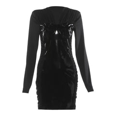 V-Neck Long Sleeve Faux Leather Panel Bodycon Mini Dress