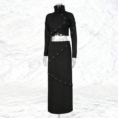 Studded High-Neck Crop Top and Maxi Skirt Set