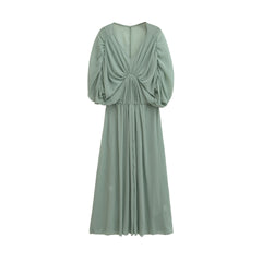 Elegant Pleated Balloon Sleeve Maxi Dress