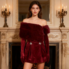 Faux Fur Off-Shoulder Velvet Mini Dress Gloves