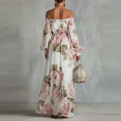 Off-the-Shoulder Floral Print Lantern Sleeve Maxi Dress