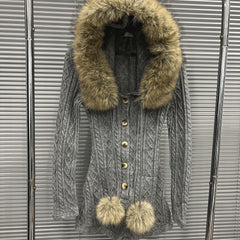 Faux Fur Collar Hooded Cable Knit Cardigan Sweater