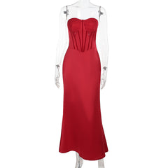 Red Bustier Satin Strapless Dress