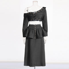 One-Shoulder Studded Crop Top and Peplum Midi Skirt Set
