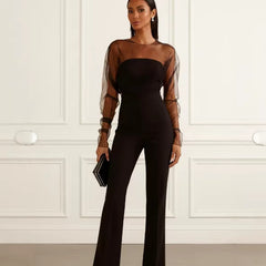 Sheer Mesh Long Sleeve Flare Leg Jumpsuit