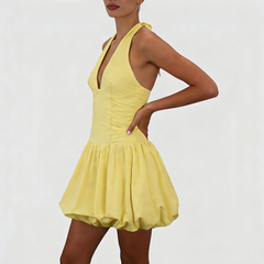 Halter Neck Ruched Mini Dress with Bubble Hem