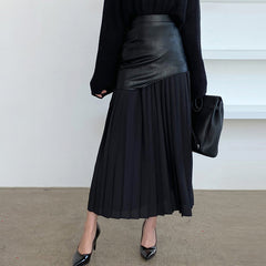 Asymmetric Faux-Leather Layered Pleated Maxi Skirt
