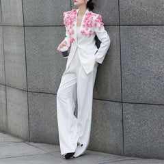 Floral Appliqué Blazer and Wide-Leg Pant Suit