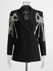 Crystal Bow Embellished White Blazer