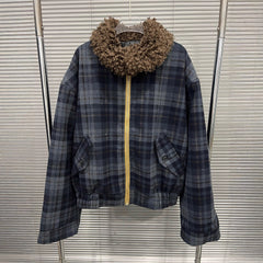 Plaid Wool Bomber Jacket with Cozy Shearling Collar
