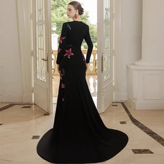 Embellished Floral Long Sleeve Column Maxi Dress