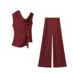 Satin Cowl Neck Top and Wide Leg Trousers Set