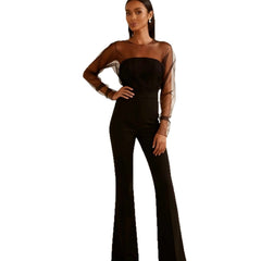 Sheer Mesh Long Sleeve Flare Leg Jumpsuit