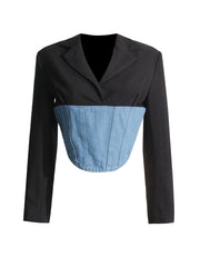 Cropped Blazer with Integrated Denim Corset Waist Detail