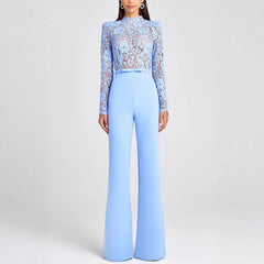 Light Blue Lace Long Sleeve Jumpsuit