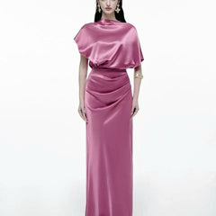 Satin Boat Neck Drape Top Ruched Maxi Dress