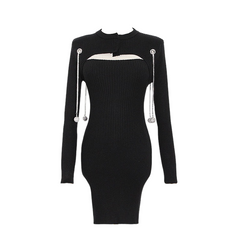 Elegant Pearl-Chain Embellished Knit Midi Dress