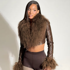 Cropped Faux Leather Jacket with Shaggy Faux Fur Trim