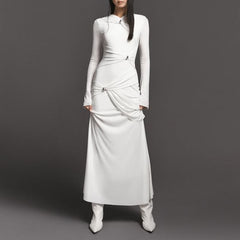 Long-Sleeve Ruched Maxi Dress with Gold Hardware Accents