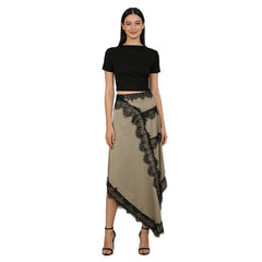 Asymmetric Midi Skirt with Scalloped Lace Insets