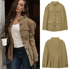 Military Style High Neck Safari Jacket with Epaulettes