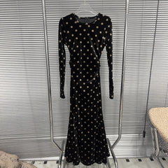 Ruched Velvet Polka Dot Long Sleeve Maxi Dress
