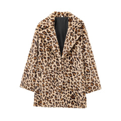 Leopard Print Faux Fur Notch Lapel Coat