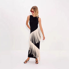 Sleeveless Midi Dress with Asymmetric Tiered Fringe Details