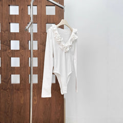 Ruffle-Trim V-Neck Long-Sleeve Bodysuit