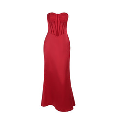 Red Bustier Satin Strapless Dress