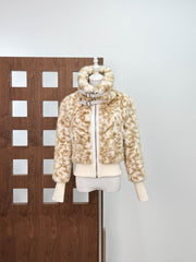 Leopard Print Faux Fur Bomber Jacket with Buckled Collar
