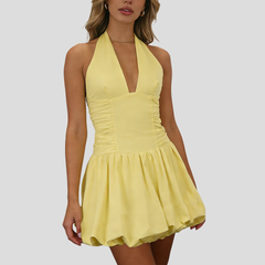 Halter Neck Ruched Mini Dress with Bubble Hem