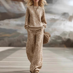 Leopard Print Crew Neck Sweater and Wide-Leg Pants Set