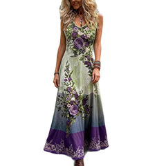 Sleeveless V-Neck Maxi Dress with Floral Graphic Print