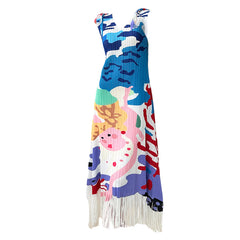 Colorful Seaside Artistic Print Fringe Dress